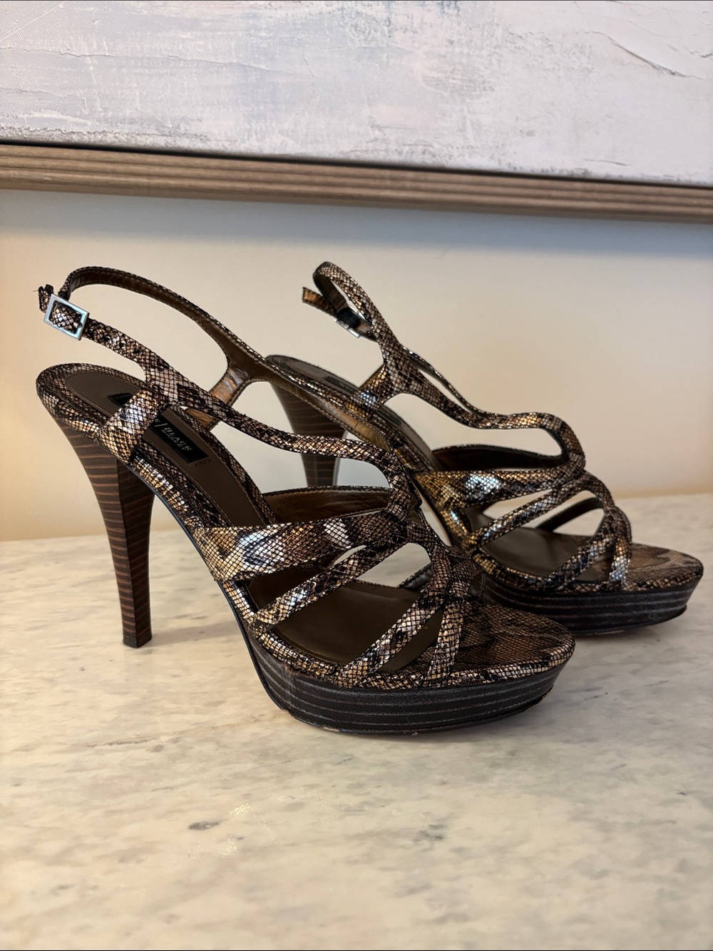 White House Black Market Brown Snake-Print Strappy High Heel Sandals